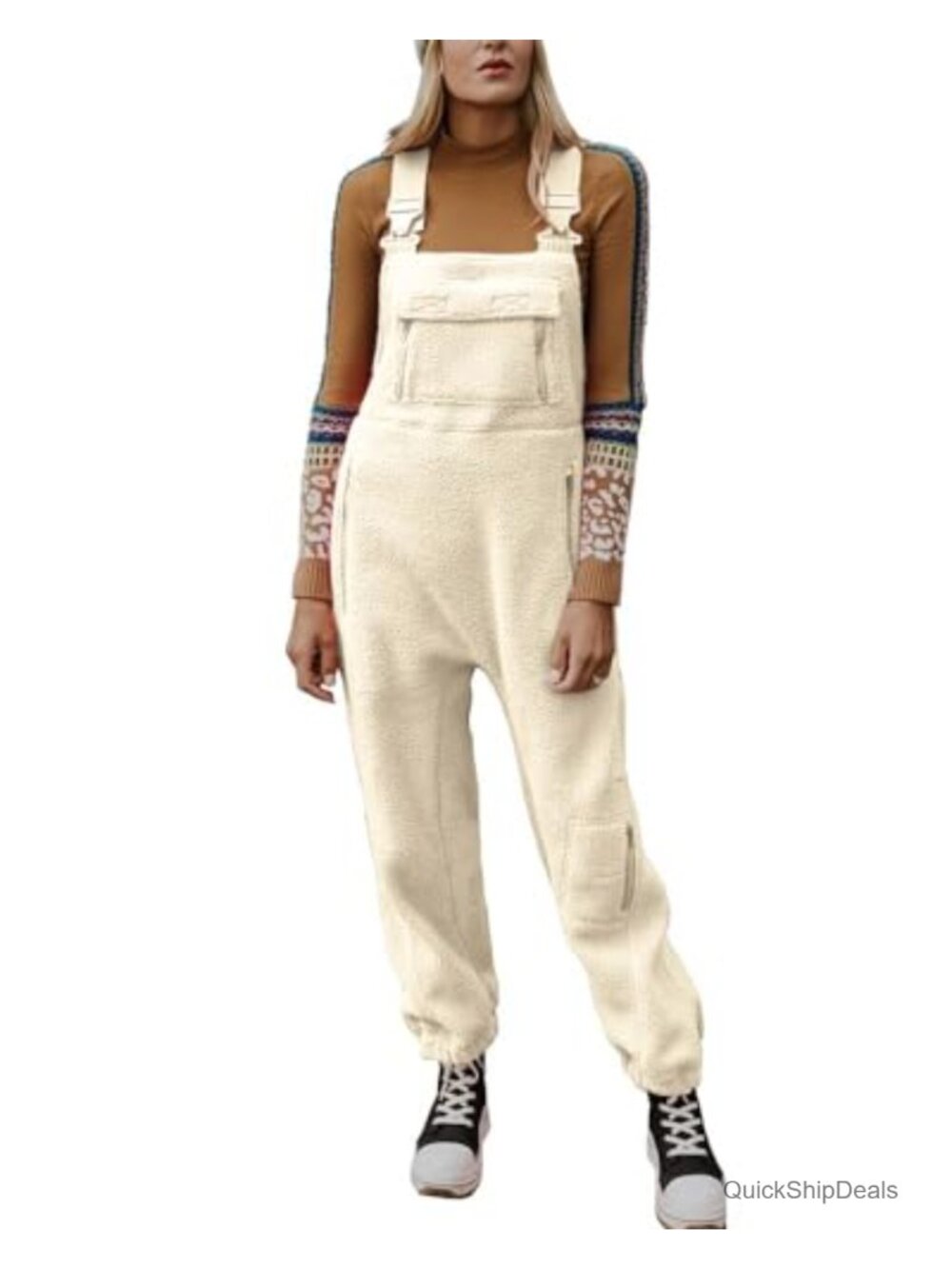 Women's Fuzzy Fleece Overalls Loose Fit Winter Sherpa Bib Jumpsuits with Pockets